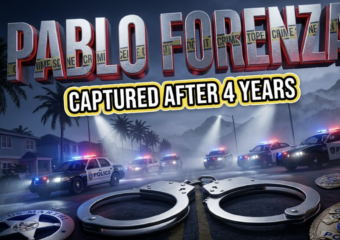 A viral, hyper-realistic YouTube thumbnail with a Law Enforcement/Crime atmosphere. The background is a dramatic night scene featuring a modern Florida beachside residential area with blue and red police lights illuminating palm trees and coastal fog, combined with a faded Colorado mountain landscape in split composition. Sharp spotlights cut through morning mist. The composition uses a Low Angle Dutch Tilt to focus on the main subject: a pair of steel handcuffs positioned prominently in the foreground, with U.S. Marshal and police badges partially visible, creating depth and authority. Image size should be 3:2. The image features massive 3D typography with strict hierarchy: The Primary Text reads exactly: 'PABLO FORENZA'. This text is massive, the largest element in the frame, rendered in Brushed Steel with Police Red accent lighting and crime scene tape texture to look like a high-budget 3D render. The Secondary Text reads exactly: 'CAPTURED AFTER 4 YEARS'. This text is significantly smaller, positioned below the main text. It features a thick, distinct yellow and black border/outline (caution tape sticker style) to contrast against the background. Make sure text 2 is always different theme, style, effect and border compared to text 1. The text materials correspond to the story's concept. Crucial Instruction: There is absolutely NO other text, numbers, watermarks, or subtitles in this image other than these two specific lines. 8k, Unreal Engine 5, cinematic render