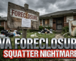 A viral, hyper-realistic YouTube thumbnail with a Sleek Business atmosphere. The background is a decaying suburban front yard covered in trash bags and discarded appliances with dramatic overcast lighting. The composition uses a Low Angle to focus on the main subject: a Detailed Faceless Hero Object/Prop, specifically a weathered wooden foreclosure sign staked in the overgrown grass. Image size should be 3:2. The image features massive 3D typography with strict hierarchy: The Primary Text reads exactly: 'VA FORECLOSURE'. This text is massive, the largest element in the frame, rendered in Chrome to look like a high-budget 3D render. The Secondary Text reads exactly: 'SQUATTER NIGHTMARE'. This text is significantly smaller, positioned below or next to the main text. It features a thick, distinct red color border/outline (sticker style) to contrast against the background. Make sure text 2 is always different theme, style, effect and border compared to text 1.