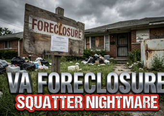 A viral, hyper-realistic YouTube thumbnail with a Sleek Business atmosphere. The background is a decaying suburban front yard covered in trash bags and discarded appliances with dramatic overcast lighting. The composition uses a Low Angle to focus on the main subject: a Detailed Faceless Hero Object/Prop, specifically a weathered wooden foreclosure sign staked in the overgrown grass. Image size should be 3:2. The image features massive 3D typography with strict hierarchy: The Primary Text reads exactly: 'VA FORECLOSURE'. This text is massive, the largest element in the frame, rendered in Chrome to look like a high-budget 3D render. The Secondary Text reads exactly: 'SQUATTER NIGHTMARE'. This text is significantly smaller, positioned below or next to the main text. It features a thick, distinct red color border/outline (sticker style) to contrast against the background. Make sure text 2 is always different theme, style, effect and border compared to text 1.