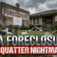 A viral, hyper-realistic YouTube thumbnail with a Sleek Business atmosphere. The background is a decaying suburban front yard covered in trash bags and discarded appliances with dramatic overcast lighting. The composition uses a Low Angle to focus on the main subject: a Detailed Faceless Hero Object/Prop, specifically a weathered wooden foreclosure sign staked in the overgrown grass. Image size should be 3:2. The image features massive 3D typography with strict hierarchy: The Primary Text reads exactly: 'VA FORECLOSURE'. This text is massive, the largest element in the frame, rendered in Chrome to look like a high-budget 3D render. The Secondary Text reads exactly: 'SQUATTER NIGHTMARE'. This text is significantly smaller, positioned below or next to the main text. It features a thick, distinct red color border/outline (sticker style) to contrast against the background. Make sure text 2 is always different theme, style, effect and border compared to text 1.