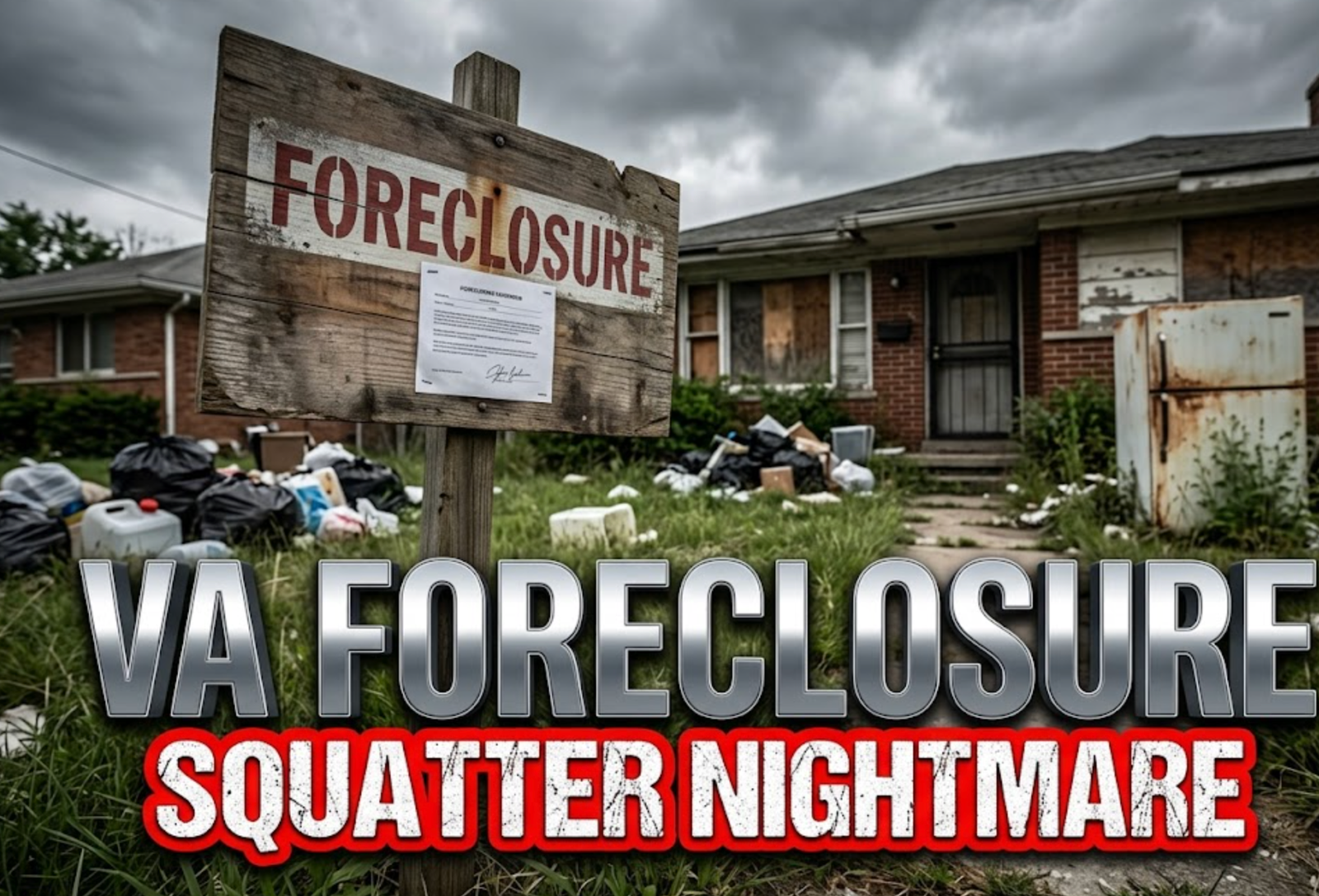 A viral, hyper-realistic YouTube thumbnail with a Sleek Business atmosphere. The background is a decaying suburban front yard covered in trash bags and discarded appliances with dramatic overcast lighting. The composition uses a Low Angle to focus on the main subject: a Detailed Faceless Hero Object/Prop, specifically a weathered wooden foreclosure sign staked in the overgrown grass. Image size should be 3:2. The image features massive 3D typography with strict hierarchy: The Primary Text reads exactly: 'VA FORECLOSURE'. This text is massive, the largest element in the frame, rendered in Chrome to look like a high-budget 3D render. The Secondary Text reads exactly: 'SQUATTER NIGHTMARE'. This text is significantly smaller, positioned below or next to the main text. It features a thick, distinct red color border/outline (sticker style) to contrast against the background. Make sure text 2 is always different theme, style, effect and border compared to text 1.