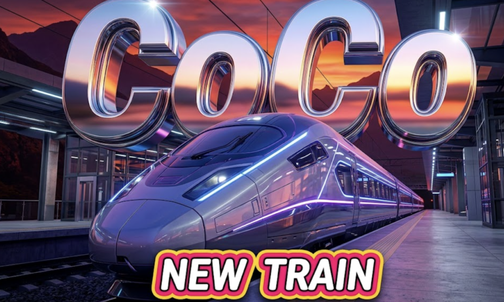 A viral, hyper-realistic YouTube thumbnail with a Sleek/Neon atmosphere. The background is a highly detailed modern train station platform with dramatic sunset lighting over mountain peaks. The composition uses a Low Angle to focus on the main subject: a futuristic, aerodynamic train front. Image size should be 3:2. The image features massive 3D typography with strict hierarchy: The Primary Text reads exactly: 'CoCo'. This text is massive, the largest element in the frame, rendered in Chrome to look like a high-budget 3D render. The Secondary Text reads exactly: 'NEW TRAIN'. This text is significantly smaller, positioned below or next to the main text. It features a thick, distinct color border/outline (sticker style) to contrast against the background. Make sure text 2 is always different theme, style, effect and border compared to text 1. The text materials correspond to the story's concept. Crucial Instruction: There is absolutely NO other text, numbers, watermarks, or subtitles in this image other than these two specific lines. 8k, Unreal Engine 5, cinematic render.