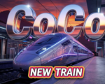 A viral, hyper-realistic YouTube thumbnail with a Sleek/Neon atmosphere. The background is a highly detailed modern train station platform with dramatic sunset lighting over mountain peaks. The composition uses a Low Angle to focus on the main subject: a futuristic, aerodynamic train front. Image size should be 3:2. The image features massive 3D typography with strict hierarchy: The Primary Text reads exactly: 'CoCo'. This text is massive, the largest element in the frame, rendered in Chrome to look like a high-budget 3D render. The Secondary Text reads exactly: 'NEW TRAIN'. This text is significantly smaller, positioned below or next to the main text. It features a thick, distinct color border/outline (sticker style) to contrast against the background. Make sure text 2 is always different theme, style, effect and border compared to text 1. The text materials correspond to the story's concept. Crucial Instruction: There is absolutely NO other text, numbers, watermarks, or subtitles in this image other than these two specific lines. 8k, Unreal Engine 5, cinematic render.