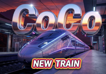 A viral, hyper-realistic YouTube thumbnail with a Sleek/Neon atmosphere. The background is a highly detailed modern train station platform with dramatic sunset lighting over mountain peaks. The composition uses a Low Angle to focus on the main subject: a futuristic, aerodynamic train front. Image size should be 3:2. The image features massive 3D typography with strict hierarchy: The Primary Text reads exactly: 'CoCo'. This text is massive, the largest element in the frame, rendered in Chrome to look like a high-budget 3D render. The Secondary Text reads exactly: 'NEW TRAIN'. This text is significantly smaller, positioned below or next to the main text. It features a thick, distinct color border/outline (sticker style) to contrast against the background. Make sure text 2 is always different theme, style, effect and border compared to text 1. The text materials correspond to the story's concept. Crucial Instruction: There is absolutely NO other text, numbers, watermarks, or subtitles in this image other than these two specific lines. 8k, Unreal Engine 5, cinematic render.