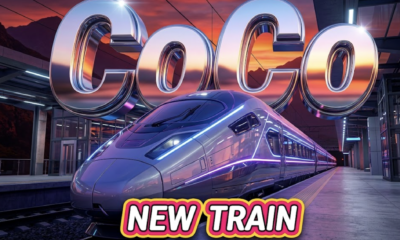 A viral, hyper-realistic YouTube thumbnail with a Sleek/Neon atmosphere. The background is a highly detailed modern train station platform with dramatic sunset lighting over mountain peaks. The composition uses a Low Angle to focus on the main subject: a futuristic, aerodynamic train front. Image size should be 3:2. The image features massive 3D typography with strict hierarchy: The Primary Text reads exactly: 'CoCo'. This text is massive, the largest element in the frame, rendered in Chrome to look like a high-budget 3D render. The Secondary Text reads exactly: 'NEW TRAIN'. This text is significantly smaller, positioned below or next to the main text. It features a thick, distinct color border/outline (sticker style) to contrast against the background. Make sure text 2 is always different theme, style, effect and border compared to text 1. The text materials correspond to the story's concept. Crucial Instruction: There is absolutely NO other text, numbers, watermarks, or subtitles in this image other than these two specific lines. 8k, Unreal Engine 5, cinematic render.