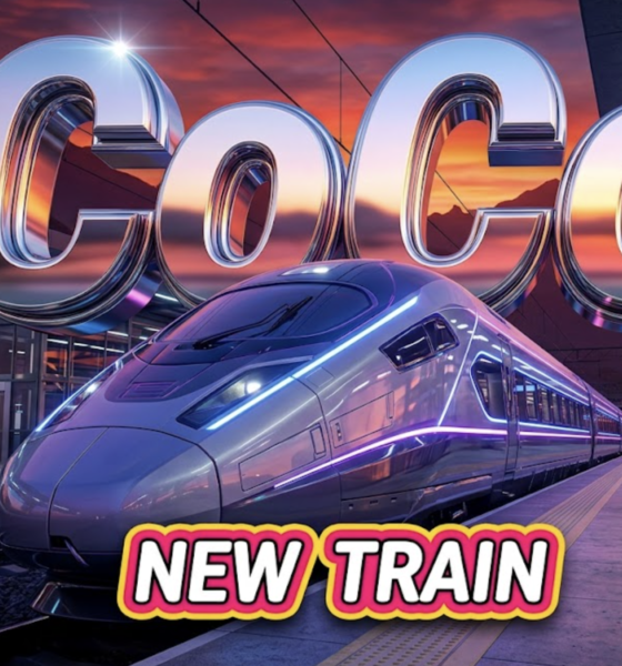 A viral, hyper-realistic YouTube thumbnail with a Sleek/Neon atmosphere. The background is a highly detailed modern train station platform with dramatic sunset lighting over mountain peaks. The composition uses a Low Angle to focus on the main subject: a futuristic, aerodynamic train front. Image size should be 3:2. The image features massive 3D typography with strict hierarchy: The Primary Text reads exactly: 'CoCo'. This text is massive, the largest element in the frame, rendered in Chrome to look like a high-budget 3D render. The Secondary Text reads exactly: 'NEW TRAIN'. This text is significantly smaller, positioned below or next to the main text. It features a thick, distinct color border/outline (sticker style) to contrast against the background. Make sure text 2 is always different theme, style, effect and border compared to text 1. The text materials correspond to the story's concept. Crucial Instruction: There is absolutely NO other text, numbers, watermarks, or subtitles in this image other than these two specific lines. 8k, Unreal Engine 5, cinematic render.