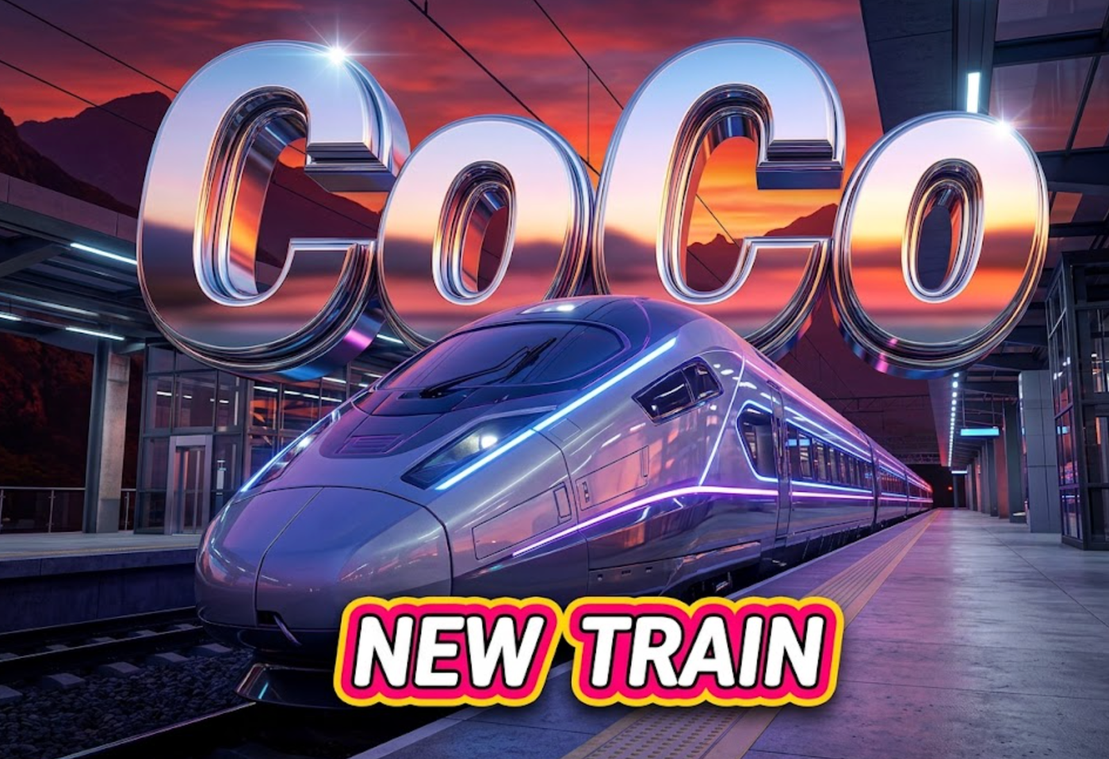A viral, hyper-realistic YouTube thumbnail with a Sleek/Neon atmosphere. The background is a highly detailed modern train station platform with dramatic sunset lighting over mountain peaks. The composition uses a Low Angle to focus on the main subject: a futuristic, aerodynamic train front. Image size should be 3:2. The image features massive 3D typography with strict hierarchy: The Primary Text reads exactly: 'CoCo'. This text is massive, the largest element in the frame, rendered in Chrome to look like a high-budget 3D render. The Secondary Text reads exactly: 'NEW TRAIN'. This text is significantly smaller, positioned below or next to the main text. It features a thick, distinct color border/outline (sticker style) to contrast against the background. Make sure text 2 is always different theme, style, effect and border compared to text 1. The text materials correspond to the story's concept. Crucial Instruction: There is absolutely NO other text, numbers, watermarks, or subtitles in this image other than these two specific lines. 8k, Unreal Engine 5, cinematic render.