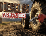 A viral, hyper-realistic image with a rustic agricultural atmosphere. The background is a sprawling Colorado farmland with the Rocky Mountains in the distance under dramatic golden hour lighting with storm clouds gathering. The composition uses a low angle shot to emphasize scale, focusing on the main subject: a weathered red diesel fuel pump nozzle dripping fuel, positioned next to a massive modern farm tractor tire caked with soil. Image size should be 3:2. The image features massive 3D typography with strict hierarchy: The Primary Text reads exactly: 'DIESEL $5'. This text is massive, the largest element in the frame, rendered in industrial rusted metal with glowing orange warning lights to look like a high-budget 3D render. The Secondary Text reads exactly: 'FARMS AT RISK'. This text is significantly smaller, positioned below the main text. It features a thick, distinct red border with white fill (sticker style) to contrast against the background. Make sure text 2 is always different theme, style, effect and border compared to text 1. The text materials correspond to the agricultural crisis concept. Crucial Instruction: There is absolutely NO other text, numbers, watermarks, or subtitles in this image other than these two specific lines. 8k, Unreal Engine 5, cinematic render.