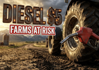 A viral, hyper-realistic image with a rustic agricultural atmosphere. The background is a sprawling Colorado farmland with the Rocky Mountains in the distance under dramatic golden hour lighting with storm clouds gathering. The composition uses a low angle shot to emphasize scale, focusing on the main subject: a weathered red diesel fuel pump nozzle dripping fuel, positioned next to a massive modern farm tractor tire caked with soil. Image size should be 3:2. The image features massive 3D typography with strict hierarchy: The Primary Text reads exactly: 'DIESEL $5'. This text is massive, the largest element in the frame, rendered in industrial rusted metal with glowing orange warning lights to look like a high-budget 3D render. The Secondary Text reads exactly: 'FARMS AT RISK'. This text is significantly smaller, positioned below the main text. It features a thick, distinct red border with white fill (sticker style) to contrast against the background. Make sure text 2 is always different theme, style, effect and border compared to text 1. The text materials correspond to the agricultural crisis concept. Crucial Instruction: There is absolutely NO other text, numbers, watermarks, or subtitles in this image other than these two specific lines. 8k, Unreal Engine 5, cinematic render.