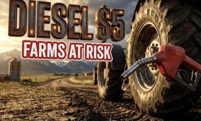 A viral, hyper-realistic image with a rustic agricultural atmosphere. The background is a sprawling Colorado farmland with the Rocky Mountains in the distance under dramatic golden hour lighting with storm clouds gathering. The composition uses a low angle shot to emphasize scale, focusing on the main subject: a weathered red diesel fuel pump nozzle dripping fuel, positioned next to a massive modern farm tractor tire caked with soil. Image size should be 3:2. The image features massive 3D typography with strict hierarchy: The Primary Text reads exactly: 'DIESEL $5'. This text is massive, the largest element in the frame, rendered in industrial rusted metal with glowing orange warning lights to look like a high-budget 3D render. The Secondary Text reads exactly: 'FARMS AT RISK'. This text is significantly smaller, positioned below the main text. It features a thick, distinct red border with white fill (sticker style) to contrast against the background. Make sure text 2 is always different theme, style, effect and border compared to text 1. The text materials correspond to the agricultural crisis concept. Crucial Instruction: There is absolutely NO other text, numbers, watermarks, or subtitles in this image other than these two specific lines. 8k, Unreal Engine 5, cinematic render.