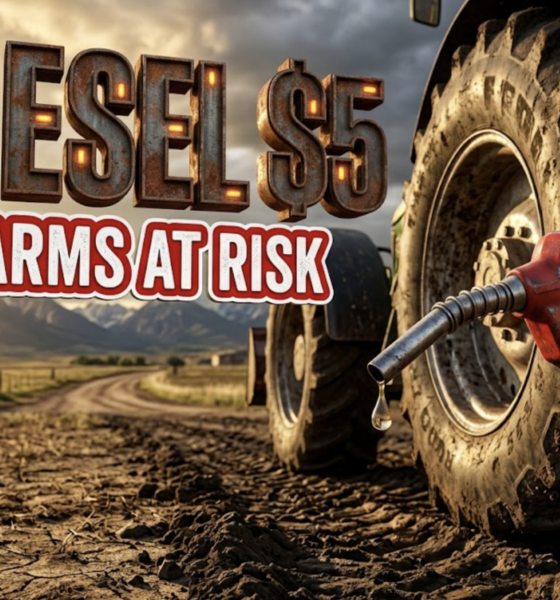 A viral, hyper-realistic image with a rustic agricultural atmosphere. The background is a sprawling Colorado farmland with the Rocky Mountains in the distance under dramatic golden hour lighting with storm clouds gathering. The composition uses a low angle shot to emphasize scale, focusing on the main subject: a weathered red diesel fuel pump nozzle dripping fuel, positioned next to a massive modern farm tractor tire caked with soil. Image size should be 3:2. The image features massive 3D typography with strict hierarchy: The Primary Text reads exactly: 'DIESEL $5'. This text is massive, the largest element in the frame, rendered in industrial rusted metal with glowing orange warning lights to look like a high-budget 3D render. The Secondary Text reads exactly: 'FARMS AT RISK'. This text is significantly smaller, positioned below the main text. It features a thick, distinct red border with white fill (sticker style) to contrast against the background. Make sure text 2 is always different theme, style, effect and border compared to text 1. The text materials correspond to the agricultural crisis concept. Crucial Instruction: There is absolutely NO other text, numbers, watermarks, or subtitles in this image other than these two specific lines. 8k, Unreal Engine 5, cinematic render.
