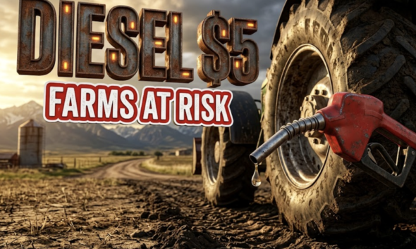 A viral, hyper-realistic image with a rustic agricultural atmosphere. The background is a sprawling Colorado farmland with the Rocky Mountains in the distance under dramatic golden hour lighting with storm clouds gathering. The composition uses a low angle shot to emphasize scale, focusing on the main subject: a weathered red diesel fuel pump nozzle dripping fuel, positioned next to a massive modern farm tractor tire caked with soil. Image size should be 3:2. The image features massive 3D typography with strict hierarchy: The Primary Text reads exactly: 'DIESEL $5'. This text is massive, the largest element in the frame, rendered in industrial rusted metal with glowing orange warning lights to look like a high-budget 3D render. The Secondary Text reads exactly: 'FARMS AT RISK'. This text is significantly smaller, positioned below the main text. It features a thick, distinct red border with white fill (sticker style) to contrast against the background. Make sure text 2 is always different theme, style, effect and border compared to text 1. The text materials correspond to the agricultural crisis concept. Crucial Instruction: There is absolutely NO other text, numbers, watermarks, or subtitles in this image other than these two specific lines. 8k, Unreal Engine 5, cinematic render.