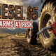 A viral, hyper-realistic image with a rustic agricultural atmosphere. The background is a sprawling Colorado farmland with the Rocky Mountains in the distance under dramatic golden hour lighting with storm clouds gathering. The composition uses a low angle shot to emphasize scale, focusing on the main subject: a weathered red diesel fuel pump nozzle dripping fuel, positioned next to a massive modern farm tractor tire caked with soil. Image size should be 3:2. The image features massive 3D typography with strict hierarchy: The Primary Text reads exactly: 'DIESEL $5'. This text is massive, the largest element in the frame, rendered in industrial rusted metal with glowing orange warning lights to look like a high-budget 3D render. The Secondary Text reads exactly: 'FARMS AT RISK'. This text is significantly smaller, positioned below the main text. It features a thick, distinct red border with white fill (sticker style) to contrast against the background. Make sure text 2 is always different theme, style, effect and border compared to text 1. The text materials correspond to the agricultural crisis concept. Crucial Instruction: There is absolutely NO other text, numbers, watermarks, or subtitles in this image other than these two specific lines. 8k, Unreal Engine 5, cinematic render.