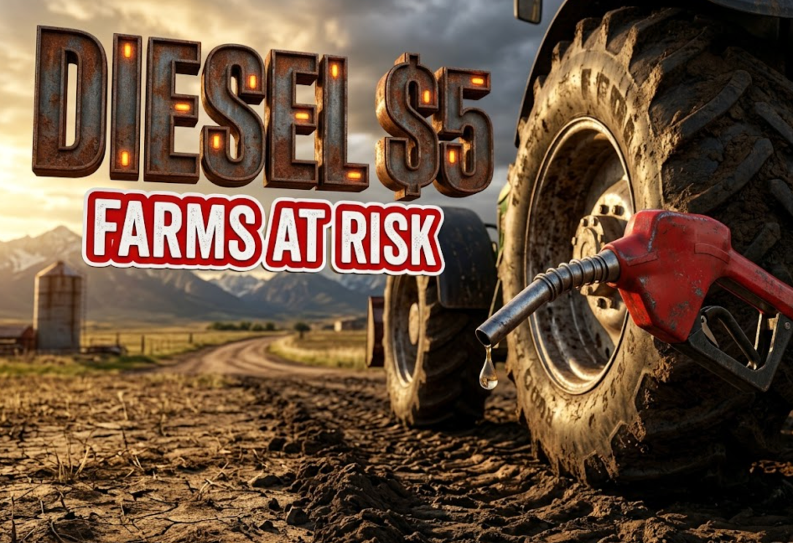 A viral, hyper-realistic image with a rustic agricultural atmosphere. The background is a sprawling Colorado farmland with the Rocky Mountains in the distance under dramatic golden hour lighting with storm clouds gathering. The composition uses a low angle shot to emphasize scale, focusing on the main subject: a weathered red diesel fuel pump nozzle dripping fuel, positioned next to a massive modern farm tractor tire caked with soil. Image size should be 3:2. The image features massive 3D typography with strict hierarchy: The Primary Text reads exactly: 'DIESEL $5'. This text is massive, the largest element in the frame, rendered in industrial rusted metal with glowing orange warning lights to look like a high-budget 3D render. The Secondary Text reads exactly: 'FARMS AT RISK'. This text is significantly smaller, positioned below the main text. It features a thick, distinct red border with white fill (sticker style) to contrast against the background. Make sure text 2 is always different theme, style, effect and border compared to text 1. The text materials correspond to the agricultural crisis concept. Crucial Instruction: There is absolutely NO other text, numbers, watermarks, or subtitles in this image other than these two specific lines. 8k, Unreal Engine 5, cinematic render.