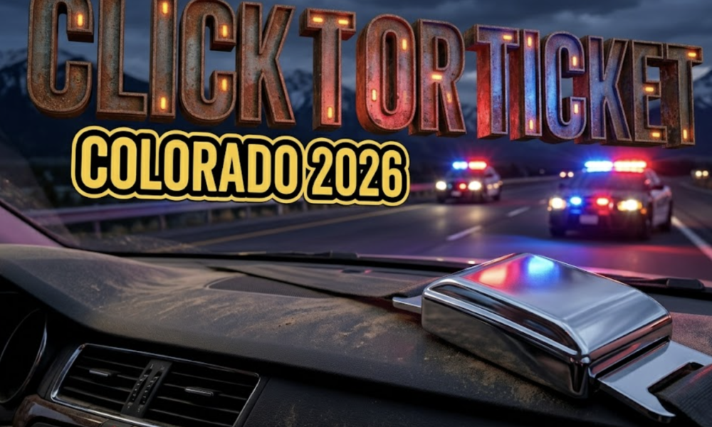 A viral, hyper-realistic YouTube thumbnail with a serious public safety atmosphere. The background is a Colorado highway patrol scene with red and blue emergency lights casting dramatic illumination across an evening mountain highway, with the Rockies visible in the distance. The composition uses a low angle shot to focus on the main subject: a chrome-plated seatbelt buckle in the foreground, gleaming under patrol car lights, positioned on a car dashboard. Image size should be 3:2. The image features massive 3D typography with strict hierarchy: The Primary Text reads exactly: 'CLICK IT OR TICKET'. This text is massive, the largest element in the frame, rendered in metallic chrome with red emergency light reflections to look like a high-budget 3D render. The Secondary Text reads exactly: 'COLORADO 2026'. This text is significantly smaller, positioned below the main text. It features a thick, distinct yellow and black border outline in sticker style to contrast against the background. Make sure text 2 is always different theme, style, effect and border compared to text 1. The text materials correspond to the story's concept. Crucial Instruction: There is absolutely NO other text, numbers, watermarks, or subtitles in this image other than these two specific lines. 8k, Unreal Engine 5, cinematic render