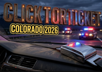 A viral, hyper-realistic YouTube thumbnail with a serious public safety atmosphere. The background is a Colorado highway patrol scene with red and blue emergency lights casting dramatic illumination across an evening mountain highway, with the Rockies visible in the distance. The composition uses a low angle shot to focus on the main subject: a chrome-plated seatbelt buckle in the foreground, gleaming under patrol car lights, positioned on a car dashboard. Image size should be 3:2. The image features massive 3D typography with strict hierarchy: The Primary Text reads exactly: 'CLICK IT OR TICKET'. This text is massive, the largest element in the frame, rendered in metallic chrome with red emergency light reflections to look like a high-budget 3D render. The Secondary Text reads exactly: 'COLORADO 2026'. This text is significantly smaller, positioned below the main text. It features a thick, distinct yellow and black border outline in sticker style to contrast against the background. Make sure text 2 is always different theme, style, effect and border compared to text 1. The text materials correspond to the story's concept. Crucial Instruction: There is absolutely NO other text, numbers, watermarks, or subtitles in this image other than these two specific lines. 8k, Unreal Engine 5, cinematic render
