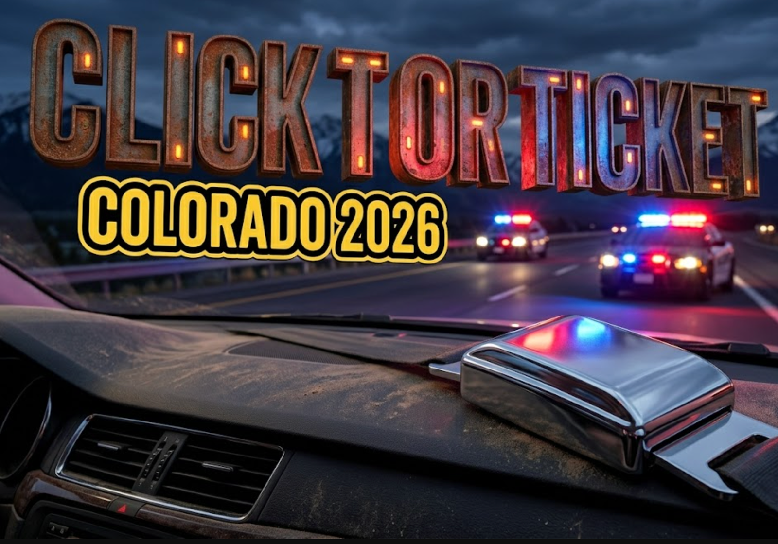 A viral, hyper-realistic YouTube thumbnail with a serious public safety atmosphere. The background is a Colorado highway patrol scene with red and blue emergency lights casting dramatic illumination across an evening mountain highway, with the Rockies visible in the distance. The composition uses a low angle shot to focus on the main subject: a chrome-plated seatbelt buckle in the foreground, gleaming under patrol car lights, positioned on a car dashboard. Image size should be 3:2. The image features massive 3D typography with strict hierarchy: The Primary Text reads exactly: 'CLICK IT OR TICKET'. This text is massive, the largest element in the frame, rendered in metallic chrome with red emergency light reflections to look like a high-budget 3D render. The Secondary Text reads exactly: 'COLORADO 2026'. This text is significantly smaller, positioned below the main text. It features a thick, distinct yellow and black border outline in sticker style to contrast against the background. Make sure text 2 is always different theme, style, effect and border compared to text 1. The text materials correspond to the story's concept. Crucial Instruction: There is absolutely NO other text, numbers, watermarks, or subtitles in this image other than these two specific lines. 8k, Unreal Engine 5, cinematic render