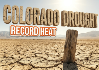 A viral, hyper-realistic YouTube thumbnail with a tense, arid atmosphere. The background is a vast, dry agricultural field with harsh, blinding sunlight. The composition uses a low angle to focus on the main subject: a highly detailed, weathered, faceless wooden farm fence post. Image size should be 3:2. The image features massive 3D typography with strict hierarchy: The Primary Text reads exactly: 'COLORADO DROUGHT'. This text is massive, the largest element in the frame, rendered in dry, cracked desert stone material to look like a high-budget 3D render. The Secondary Text reads exactly: 'RECORD HEAT'. This text is significantly smaller, positioned below the main text. It features a thick, bright orange color border to contrast against the background. Make sure text 2 is always different theme, style, effect and border compared to text 1. The text materials correspond to the story's concept. Crucial Instruction: There is absolutely NO other text, numbers, watermarks, or subtitles in this image other than these two specific lines. 8k, Unreal Engine 5, cinematic render.