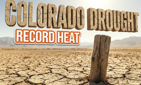 A viral, hyper-realistic YouTube thumbnail with a tense, arid atmosphere. The background is a vast, dry agricultural field with harsh, blinding sunlight. The composition uses a low angle to focus on the main subject: a highly detailed, weathered, faceless wooden farm fence post. Image size should be 3:2. The image features massive 3D typography with strict hierarchy: The Primary Text reads exactly: 'COLORADO DROUGHT'. This text is massive, the largest element in the frame, rendered in dry, cracked desert stone material to look like a high-budget 3D render. The Secondary Text reads exactly: 'RECORD HEAT'. This text is significantly smaller, positioned below the main text. It features a thick, bright orange color border to contrast against the background. Make sure text 2 is always different theme, style, effect and border compared to text 1. The text materials correspond to the story's concept. Crucial Instruction: There is absolutely NO other text, numbers, watermarks, or subtitles in this image other than these two specific lines. 8k, Unreal Engine 5, cinematic render.