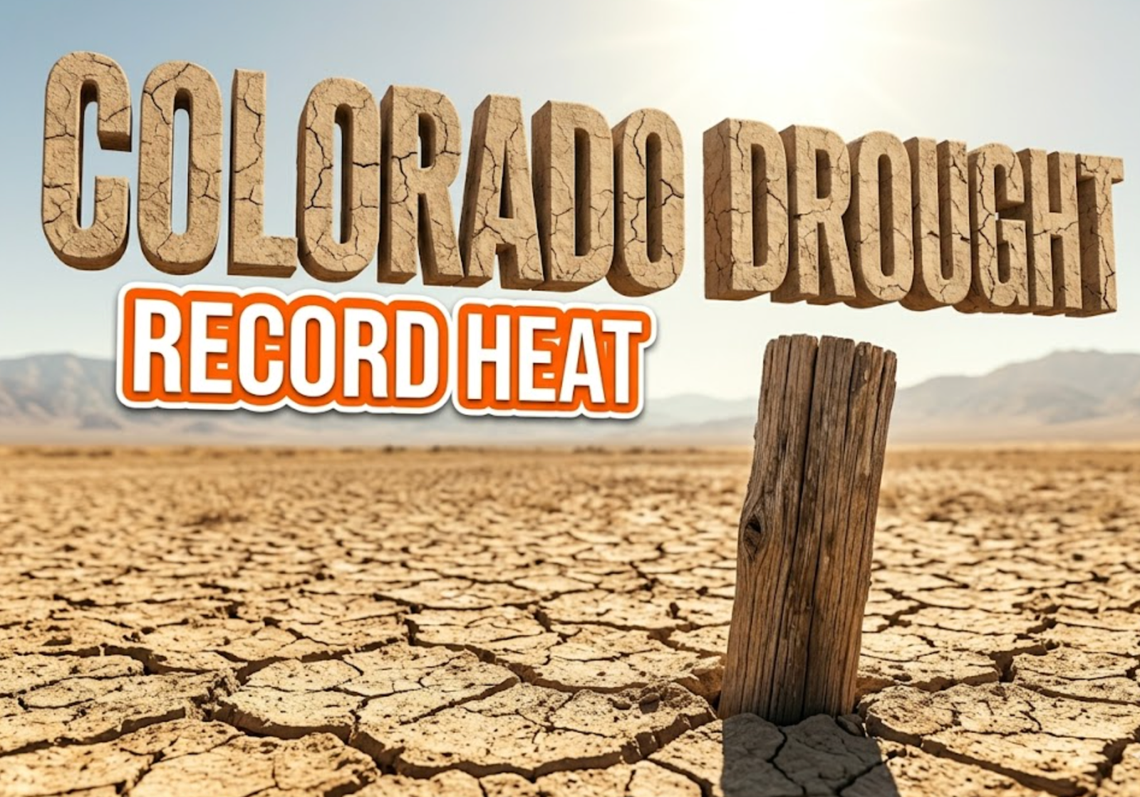 A viral, hyper-realistic YouTube thumbnail with a tense, arid atmosphere. The background is a vast, dry agricultural field with harsh, blinding sunlight. The composition uses a low angle to focus on the main subject: a highly detailed, weathered, faceless wooden farm fence post. Image size should be 3:2. The image features massive 3D typography with strict hierarchy: The Primary Text reads exactly: 'COLORADO DROUGHT'. This text is massive, the largest element in the frame, rendered in dry, cracked desert stone material to look like a high-budget 3D render. The Secondary Text reads exactly: 'RECORD HEAT'. This text is significantly smaller, positioned below the main text. It features a thick, bright orange color border to contrast against the background. Make sure text 2 is always different theme, style, effect and border compared to text 1. The text materials correspond to the story's concept. Crucial Instruction: There is absolutely NO other text, numbers, watermarks, or subtitles in this image other than these two specific lines. 8k, Unreal Engine 5, cinematic render.