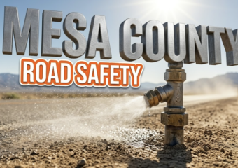 A viral, hyper-realistic YouTube thumbnail with a Utilitarian atmosphere. The background is a dusty rural highway shoulder with bright midday sunlight. The composition uses a Macro angle to focus on the main subject: a heavy duty industrial metal sprayer nozzle misting the ground. Image size should be 3:2. The image features massive 3D typography with strict hierarchy: The Primary Text reads exactly: 'MESA COUNTY'. This text is massive, the largest element in the frame, rendered in brushed steel material to look like a high-budget 3D render. The Secondary Text reads exactly: 'ROAD SAFETY'. This text is significantly smaller, positioned below the main text. It features a thick, bright orange color border outline sticker style to contrast against the background. Make sure text 2 is always different theme, style, effect and border compared to text 1.