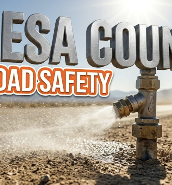 A viral, hyper-realistic YouTube thumbnail with a Utilitarian atmosphere. The background is a dusty rural highway shoulder with bright midday sunlight. The composition uses a Macro angle to focus on the main subject: a heavy duty industrial metal sprayer nozzle misting the ground. Image size should be 3:2. The image features massive 3D typography with strict hierarchy: The Primary Text reads exactly: 'MESA COUNTY'. This text is massive, the largest element in the frame, rendered in brushed steel material to look like a high-budget 3D render. The Secondary Text reads exactly: 'ROAD SAFETY'. This text is significantly smaller, positioned below the main text. It features a thick, bright orange color border outline sticker style to contrast against the background. Make sure text 2 is always different theme, style, effect and border compared to text 1.