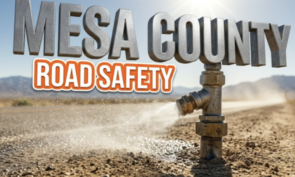 A viral, hyper-realistic YouTube thumbnail with a Utilitarian atmosphere. The background is a dusty rural highway shoulder with bright midday sunlight. The composition uses a Macro angle to focus on the main subject: a heavy duty industrial metal sprayer nozzle misting the ground. Image size should be 3:2. The image features massive 3D typography with strict hierarchy: The Primary Text reads exactly: 'MESA COUNTY'. This text is massive, the largest element in the frame, rendered in brushed steel material to look like a high-budget 3D render. The Secondary Text reads exactly: 'ROAD SAFETY'. This text is significantly smaller, positioned below the main text. It features a thick, bright orange color border outline sticker style to contrast against the background. Make sure text 2 is always different theme, style, effect and border compared to text 1.