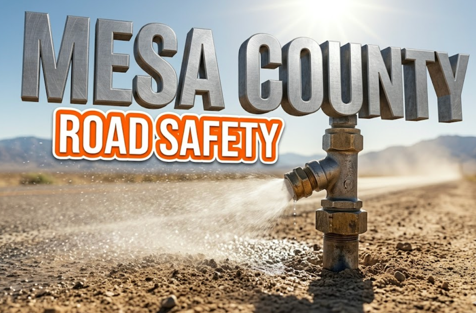 A viral, hyper-realistic YouTube thumbnail with a Utilitarian atmosphere. The background is a dusty rural highway shoulder with bright midday sunlight. The composition uses a Macro angle to focus on the main subject: a heavy duty industrial metal sprayer nozzle misting the ground. Image size should be 3:2.
The image features massive 3D typography with strict hierarchy:
The Primary Text reads exactly: 'MESA COUNTY'. This text is massive, the largest element in the frame, rendered in brushed steel material to look like a high-budget 3D render.
The Secondary Text reads exactly: 'ROAD SAFETY'. This text is significantly smaller, positioned below the main text. It features a thick, bright orange color border outline sticker style to contrast against the background. Make sure text 2 is always different theme, style, effect and border compared to text 1.