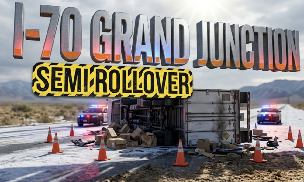 A viral, hyper-realistic YouTube thumbnail with a dramatic highway emergency atmosphere. The background is a snow-dusted Colorado interstate with mountain silhouettes under overcast morning skies and flashing red and blue emergency lights casting dramatic shadows across the asphalt. The composition uses a low angle shot to focus on the main subject: an overturned semi-truck trailer with scattered debris and orange traffic cones surrounding the wreckage. Image size should be 3:2. The image features massive 3D typography with strict hierarchy: The Primary Text reads exactly: 'I-70 GRAND JUNCTION'. This text is massive, the largest element in the frame, rendered in metallic chrome with orange emergency reflective strips to look like a high-budget 3D render. The Secondary Text reads exactly: 'SEMI ROLLOVER'. This text is significantly smaller, positioned below the main text. It features a thick, distinct yellow and black hazard stripe border/outline (sticker style) to contrast against the background. Make sure text 2 is always different theme, style, effect and border compared to text 1. The text materials correspond to the story's concept. Crucial Instruction: There is absolutely NO other text, numbers, watermarks, or subtitles in this image other than these two specific lines. 8k, Unreal Engine 5, cinematic render