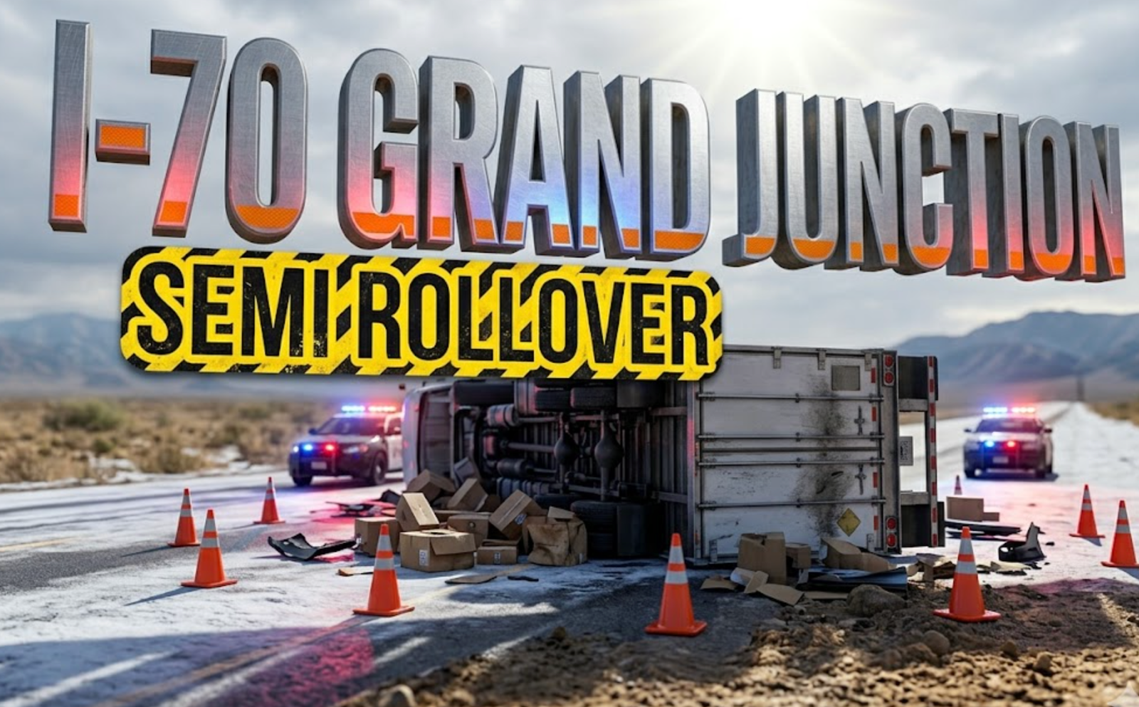 A viral, hyper-realistic YouTube thumbnail with a dramatic highway emergency atmosphere. The background is a snow-dusted Colorado interstate with mountain silhouettes under overcast morning skies and flashing red and blue emergency lights casting dramatic shadows across the asphalt. The composition uses a low angle shot to focus on the main subject: an overturned semi-truck trailer with scattered debris and orange traffic cones surrounding the wreckage. Image size should be 3:2. The image features massive 3D typography with strict hierarchy: The Primary Text reads exactly: 'I-70 GRAND JUNCTION'. This text is massive, the largest element in the frame, rendered in metallic chrome with orange emergency reflective strips to look like a high-budget 3D render. The Secondary Text reads exactly: 'SEMI ROLLOVER'. This text is significantly smaller, positioned below the main text. It features a thick, distinct yellow and black hazard stripe border/outline (sticker style) to contrast against the background. Make sure text 2 is always different theme, style, effect and border compared to text 1. The text materials correspond to the story's concept. Crucial Instruction: There is absolutely NO other text, numbers, watermarks, or subtitles in this image other than these two specific lines. 8k, Unreal Engine 5, cinematic render