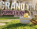 A viral, hyper-realistic YouTube thumbnail with a Lifestyle and uplifting atmosphere. The background is a sunny, manicured outdoor courtyard with vibrant green grass and soft, warm sunlight. The composition uses a low angle to focus on the main subject: a highly detailed, bright golden Easter egg resting in a woven pastel basket next to a leather dog collar. Image size should be 3:2. The image features massive 3D typography with strict hierarchy: The Primary Text reads exactly: 'GRAND VILLA'. This text is massive, the largest element in the frame, rendered in shiny chrome material to look like a high-budget 3D render. The Secondary Text reads exactly: 'PUPPIES & JOY'. This text is significantly smaller, positioned below or next to the main text. It features a thick, distinct pink border outline sticker style to contrast against the background. The text materials correspond to the story's concept. Crucial Instruction: There is absolutely NO other text, numbers, watermarks, or subtitles in this image other than these two specific lines. 8k, Unreal Engine 5, cinematic render.