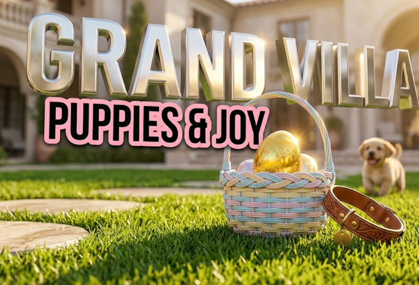 A viral, hyper-realistic YouTube thumbnail with a Lifestyle and uplifting atmosphere. The background is a sunny, manicured outdoor courtyard with vibrant green grass and soft, warm sunlight. The composition uses a low angle to focus on the main subject: a highly detailed, bright golden Easter egg resting in a woven pastel basket next to a leather dog collar. Image size should be 3:2.
The image features massive 3D typography with strict hierarchy:
The Primary Text reads exactly: 'GRAND VILLA'. This text is massive, the largest element in the frame, rendered in shiny chrome material to look like a high-budget 3D render.
The Secondary Text reads exactly: 'PUPPIES & JOY'. This text is significantly smaller, positioned below or next to the main text. It features a thick, distinct pink border outline sticker style to contrast against the background.
The text materials correspond to the story's concept. Crucial Instruction: There is absolutely NO other text, numbers, watermarks, or subtitles in this image other than these two specific lines. 8k, Unreal Engine 5, cinematic render.