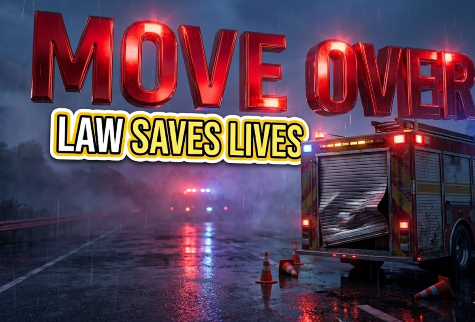 A viral, hyper-realistic YouTube thumbnail with a dramatic emergency scene atmosphere. The background is a dark highway at dusk with red and blue emergency lights reflecting off wet asphalt and swirling fog with cinematic lighting creating urgency. The composition uses a low angle shot to focus on the main subject: a damaged fire truck's side compartment with a crushed roll-up door, emergency cones scattered on the ground, and warning lights still flashing. Image size should be 3:2. The image features massive 3D typography with strict hierarchy: The Primary Text reads exactly: 'MOVE OVER'. This text is massive, the largest element in the frame, rendered in bright emergency red chrome with pulsating warning light effects to look like a high-budget 3D render. The Secondary Text reads exactly: 'LAW SAVES LIVES'. This text is significantly smaller, positioned below the main text. It features a thick, distinct white and yellow border outline in sticker style to contrast against the background. Make sure text 2 is always different theme, style, effect and border compared to text 1. The text materials correspond to the story's concept. Crucial Instruction: There is absolutely NO other text, numbers, watermarks, or subtitles in this image other than these two specific lines. 8k, Unreal Engine 5, cinematic render.