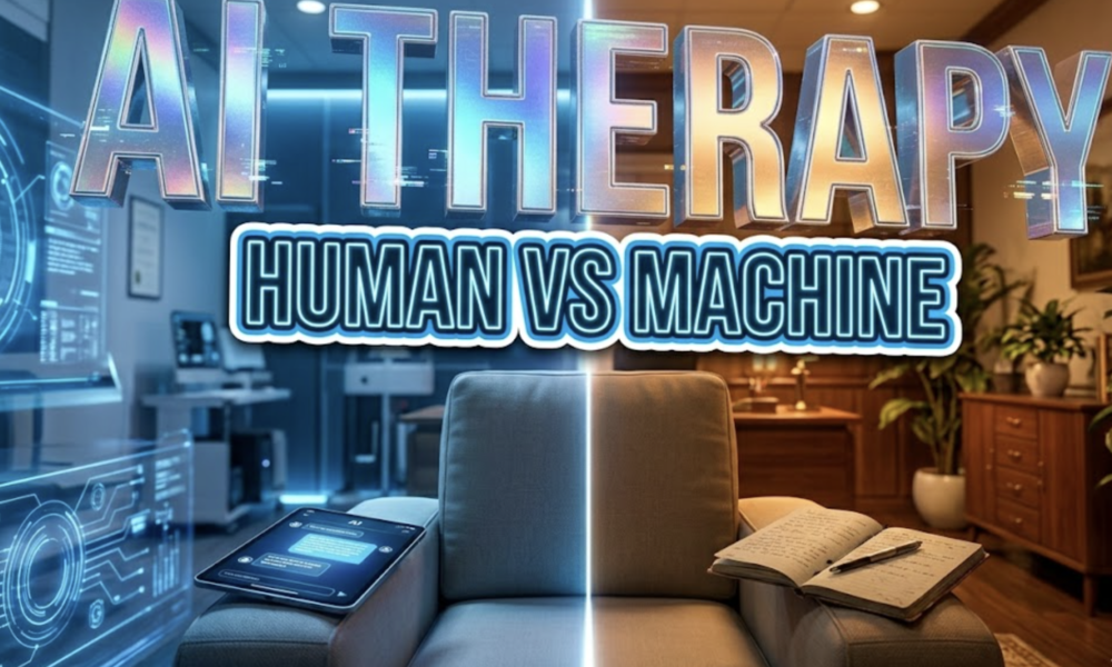 A viral, hyper-realistic YouTube thumbnail with a clinical tech atmosphere. The background is a modern therapist's office split down the middle, one side glowing with cool blue digital circuits and holographic interfaces, the other side warm amber lighting with traditional furniture and plants, with dramatic edge lighting separating both worlds. The composition uses a straight-on medium shot to focus on the main subject: an empty comfortable therapy chair positioned at the divide between digital and human worlds, with a sleek tablet displaying a glowing AI chat interface resting on one armrest and a handwritten journal on the other. Image size should be 3:2. The image features massive 3D typography with strict hierarchy: The Primary Text reads exactly: 'AI THERAPY'. This text is massive, the largest element in the frame, rendered in holographic chrome with digital glitch effects to look like a high-budget 3D render. The Secondary Text reads exactly: 'HUMAN VS MACHINE'. This text is significantly smaller, positioned below the main text. It features a thick, distinct neon blue border/outline (sticker style) with a subtle glow effect to contrast against the background. Make sure text 2 is always different theme, style, effect and border compared to text 1. The text materials correspond to the story's concept. Crucial Instruction: There is absolutely NO other text, numbers, watermarks, or subtitles in this image other than these two specific lines. 8k, Unreal Engine 5, cinematic render.