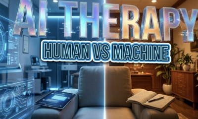 A viral, hyper-realistic YouTube thumbnail with a clinical tech atmosphere. The background is a modern therapist's office split down the middle, one side glowing with cool blue digital circuits and holographic interfaces, the other side warm amber lighting with traditional furniture and plants, with dramatic edge lighting separating both worlds. The composition uses a straight-on medium shot to focus on the main subject: an empty comfortable therapy chair positioned at the divide between digital and human worlds, with a sleek tablet displaying a glowing AI chat interface resting on one armrest and a handwritten journal on the other. Image size should be 3:2. The image features massive 3D typography with strict hierarchy: The Primary Text reads exactly: 'AI THERAPY'. This text is massive, the largest element in the frame, rendered in holographic chrome with digital glitch effects to look like a high-budget 3D render. The Secondary Text reads exactly: 'HUMAN VS MACHINE'. This text is significantly smaller, positioned below the main text. It features a thick, distinct neon blue border/outline (sticker style) with a subtle glow effect to contrast against the background. Make sure text 2 is always different theme, style, effect and border compared to text 1. The text materials correspond to the story's concept. Crucial Instruction: There is absolutely NO other text, numbers, watermarks, or subtitles in this image other than these two specific lines. 8k, Unreal Engine 5, cinematic render.