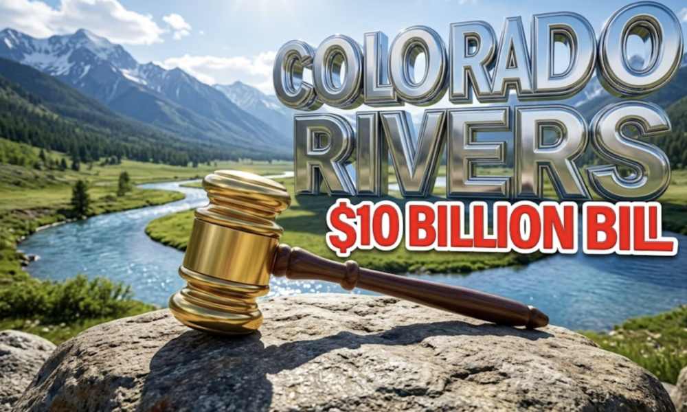 A viral, hyper-realistic YouTube thumbnail with a Business atmosphere. The background is a crystal clear Colorado river winding through a lush green valley with majestic snow capped mountains under a bright sun. The composition uses a Low Angle to focus on the main subject: a massive, gleaming golden gavel resting on a weathered river rock. Image size should be 3:2. The image features massive 3D typography with strict hierarchy: The Primary Text reads exactly: 'COLORADO RIVERS'. This text is massive, the largest element in the frame, rendered in polished Chrome to look like a high-budget 3D render. The Secondary Text reads exactly: '$10 BILLION BILL'. This text is significantly smaller, positioned below the main text. It features a thick, bright red sticker style outline to contrast against the blue water background. The text materials correspond to the story's concept of high cost and legal weight. Crucial Instruction: There is absolutely NO other text, numbers, watermarks, or subtitles in this image other than these two specific lines. 8k, Unreal Engine 5, cinematic render.