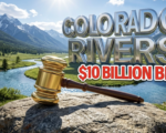 A viral, hyper-realistic YouTube thumbnail with a Business atmosphere. The background is a crystal clear Colorado river winding through a lush green valley with majestic snow capped mountains under a bright sun. The composition uses a Low Angle to focus on the main subject: a massive, gleaming golden gavel resting on a weathered river rock. Image size should be 3:2. The image features massive 3D typography with strict hierarchy: The Primary Text reads exactly: 'COLORADO RIVERS'. This text is massive, the largest element in the frame, rendered in polished Chrome to look like a high-budget 3D render. The Secondary Text reads exactly: '$10 BILLION BILL'. This text is significantly smaller, positioned below the main text. It features a thick, bright red sticker style outline to contrast against the blue water background. The text materials correspond to the story's concept of high cost and legal weight. Crucial Instruction: There is absolutely NO other text, numbers, watermarks, or subtitles in this image other than these two specific lines. 8k, Unreal Engine 5, cinematic render.