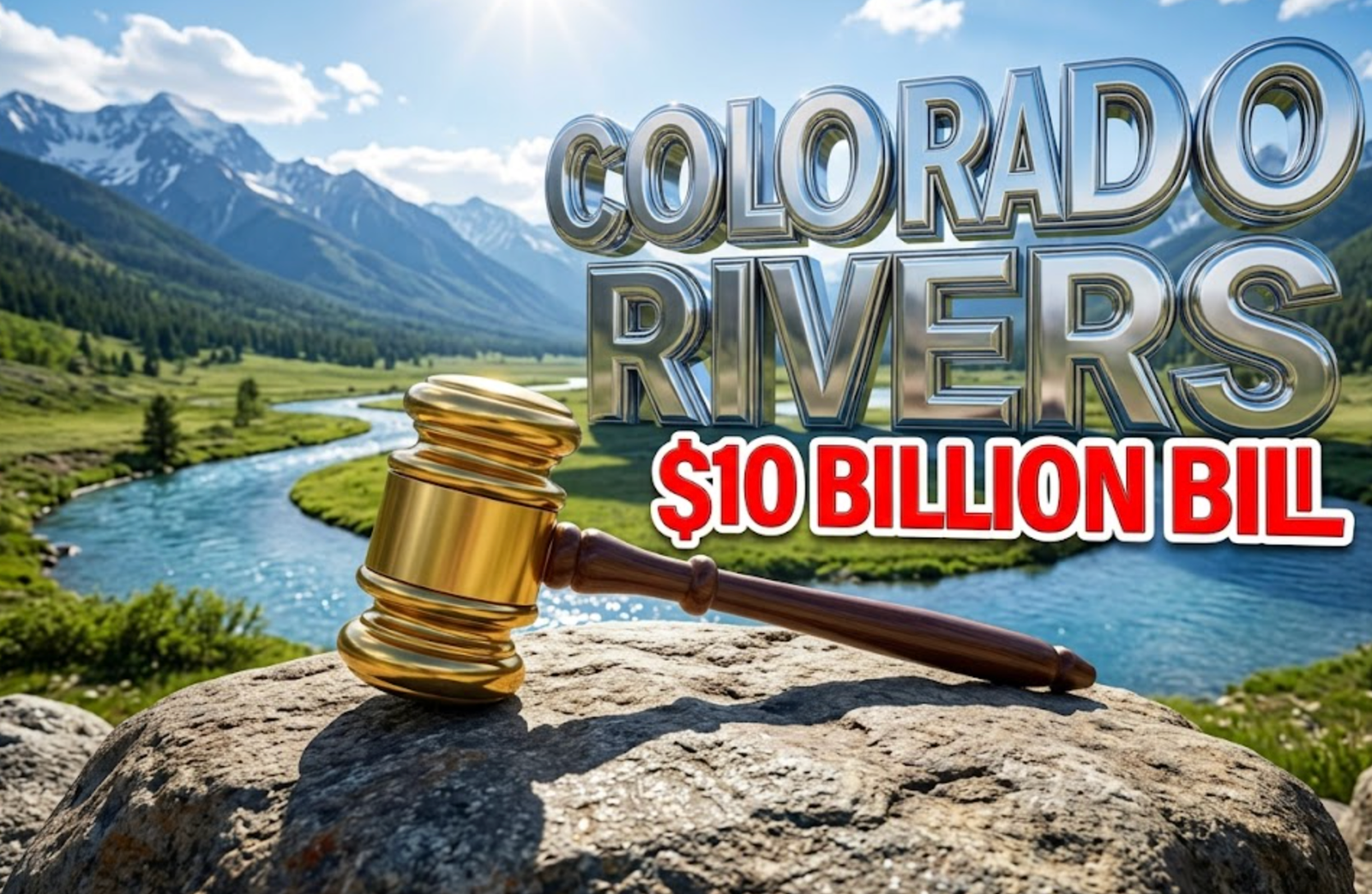 A viral, hyper-realistic YouTube thumbnail with a Business atmosphere. The background is a crystal clear Colorado river winding through a lush green valley with majestic snow capped mountains under a bright sun. The composition uses a Low Angle to focus on the main subject: a massive, gleaming golden gavel resting on a weathered river rock. Image size should be 3:2. The image features massive 3D typography with strict hierarchy: The Primary Text reads exactly: 'COLORADO RIVERS'. This text is massive, the largest element in the frame, rendered in polished Chrome to look like a high-budget 3D render. The Secondary Text reads exactly: '$10 BILLION BILL'. This text is significantly smaller, positioned below the main text. It features a thick, bright red sticker style outline to contrast against the blue water background. The text materials correspond to the story's concept of high cost and legal weight. Crucial Instruction: There is absolutely NO other text, numbers, watermarks, or subtitles in this image other than these two specific lines. 8k, Unreal Engine 5, cinematic render.