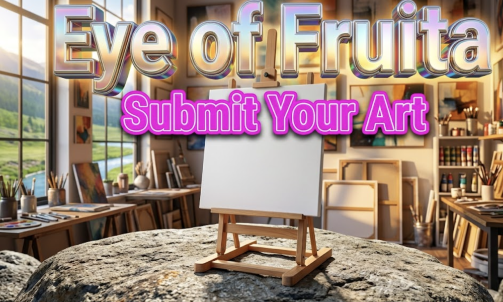 A vibrant, hyper-realistic artwork composition with a creative gallery atmosphere. The background features a warm-lit art studio space with soft spotlights highlighting canvas frames and artistic tools scattered across surfaces, with inspirational color palettes and natural lighting streaming through large windows. The composition uses a wide-angle perspective to showcase the vastness of creative possibility, focusing on the main subject: a blank canvas on an easel positioned center-stage, symbolizing the opportunity awaiting artists. Image size should be 3:2. The image features massive 3D typography with strict hierarchy: The Primary Text reads exactly: "Eye of Fruita". This text is massive, the largest element in the frame, rendered in vibrant iridescent chrome and gold to look like a high-budget 3D render with light-refracting effects that make it glow. The Secondary Text reads exactly: "Submit Your Art". This text is significantly smaller, positioned below the main text. It features a thick, bold neon-pink border with an outline effect to create contrast against the warm background. The secondary text has a modern, contemporary sticker-style appearance distinctly different from the primary text. There is absolutely NO other text, numbers, watermarks, or subtitles in this image other than these two specific lines. 8k, Unreal Engine 5, cinematic render.