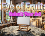A vibrant, hyper-realistic artwork composition with a creative gallery atmosphere. The background features a warm-lit art studio space with soft spotlights highlighting canvas frames and artistic tools scattered across surfaces, with inspirational color palettes and natural lighting streaming through large windows. The composition uses a wide-angle perspective to showcase the vastness of creative possibility, focusing on the main subject: a blank canvas on an easel positioned center-stage, symbolizing the opportunity awaiting artists. Image size should be 3:2. The image features massive 3D typography with strict hierarchy: The Primary Text reads exactly: "Eye of Fruita". This text is massive, the largest element in the frame, rendered in vibrant iridescent chrome and gold to look like a high-budget 3D render with light-refracting effects that make it glow. The Secondary Text reads exactly: "Submit Your Art". This text is significantly smaller, positioned below the main text. It features a thick, bold neon-pink border with an outline effect to create contrast against the warm background. The secondary text has a modern, contemporary sticker-style appearance distinctly different from the primary text. There is absolutely NO other text, numbers, watermarks, or subtitles in this image other than these two specific lines. 8k, Unreal Engine 5, cinematic render.
