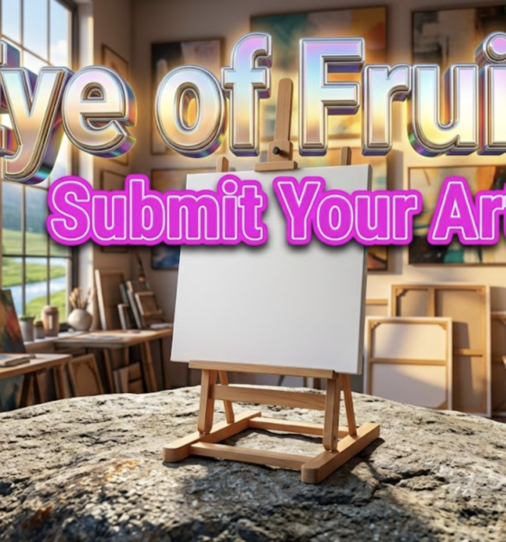 A vibrant, hyper-realistic artwork composition with a creative gallery atmosphere. The background features a warm-lit art studio space with soft spotlights highlighting canvas frames and artistic tools scattered across surfaces, with inspirational color palettes and natural lighting streaming through large windows. The composition uses a wide-angle perspective to showcase the vastness of creative possibility, focusing on the main subject: a blank canvas on an easel positioned center-stage, symbolizing the opportunity awaiting artists. Image size should be 3:2. The image features massive 3D typography with strict hierarchy: The Primary Text reads exactly: "Eye of Fruita". This text is massive, the largest element in the frame, rendered in vibrant iridescent chrome and gold to look like a high-budget 3D render with light-refracting effects that make it glow. The Secondary Text reads exactly: "Submit Your Art". This text is significantly smaller, positioned below the main text. It features a thick, bold neon-pink border with an outline effect to create contrast against the warm background. The secondary text has a modern, contemporary sticker-style appearance distinctly different from the primary text. There is absolutely NO other text, numbers, watermarks, or subtitles in this image other than these two specific lines. 8k, Unreal Engine 5, cinematic render.