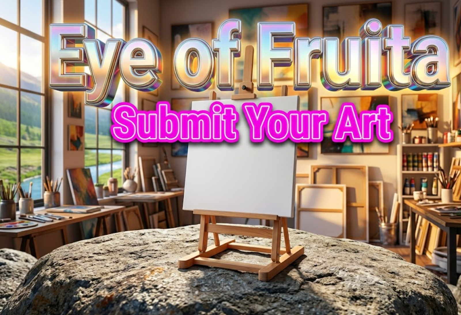 A vibrant, hyper-realistic artwork composition with a creative gallery atmosphere. The background features a warm-lit art studio space with soft spotlights highlighting canvas frames and artistic tools scattered across surfaces, with inspirational color palettes and natural lighting streaming through large windows. The composition uses a wide-angle perspective to showcase the vastness of creative possibility, focusing on the main subject: a blank canvas on an easel positioned center-stage, symbolizing the opportunity awaiting artists.

Image size should be 3:2. The image features massive 3D typography with strict hierarchy:

The Primary Text reads exactly: "Eye of Fruita". This text is massive, the largest element in the frame, rendered in vibrant iridescent chrome and gold to look like a high-budget 3D render with light-refracting effects that make it glow.

The Secondary Text reads exactly: "Submit Your Art". This text is significantly smaller, positioned below the main text. It features a thick, bold neon-pink border with an outline effect to create contrast against the warm background. The secondary text has a modern, contemporary sticker-style appearance distinctly different from the primary text.

There is absolutely NO other text, numbers, watermarks, or subtitles in this image other than these two specific lines. 8k, Unreal Engine 5, cinematic render.