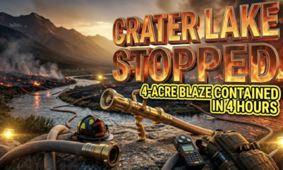 A viral, hyper-realistic YouTube thumbnail with a dramatic emergency response atmosphere. The background shows an intense fire scene transitioning to controlled containment with orange and red flames against dark smoke, bathed in golden emergency lighting and strategic spotlights. The composition uses a wide-angle low shot to emphasize the scale of the wildfire operation. The image features firefighting equipment including water hoses and tactical gear as the faceless hero object. The frame shows massive 3D typography with strict hierarchy: The Primary Text reads exactly: "CRATER LAKE FIRE STOPPED". This text is massive, the largest element in the frame, rendered in fiery orange and gold Chrome material with realistic 3D depth and metallic sheen to look like high-budget emergency alert graphics. The Secondary Text reads exactly: "4-ACRE BLAZE CONTAINED IN 4 HOURS". This text is significantly smaller, positioned below the main text, featuring a thick bright yellow border with sticker-style outline to contrast sharply against the smoky background. The materials emphasize urgency and emergency response. There is absolutely NO other text, numbers, watermarks, or subtitles in this image other than these two specific lines. 8k, Unreal Engine 5, cinematic emergency broadcast render.
