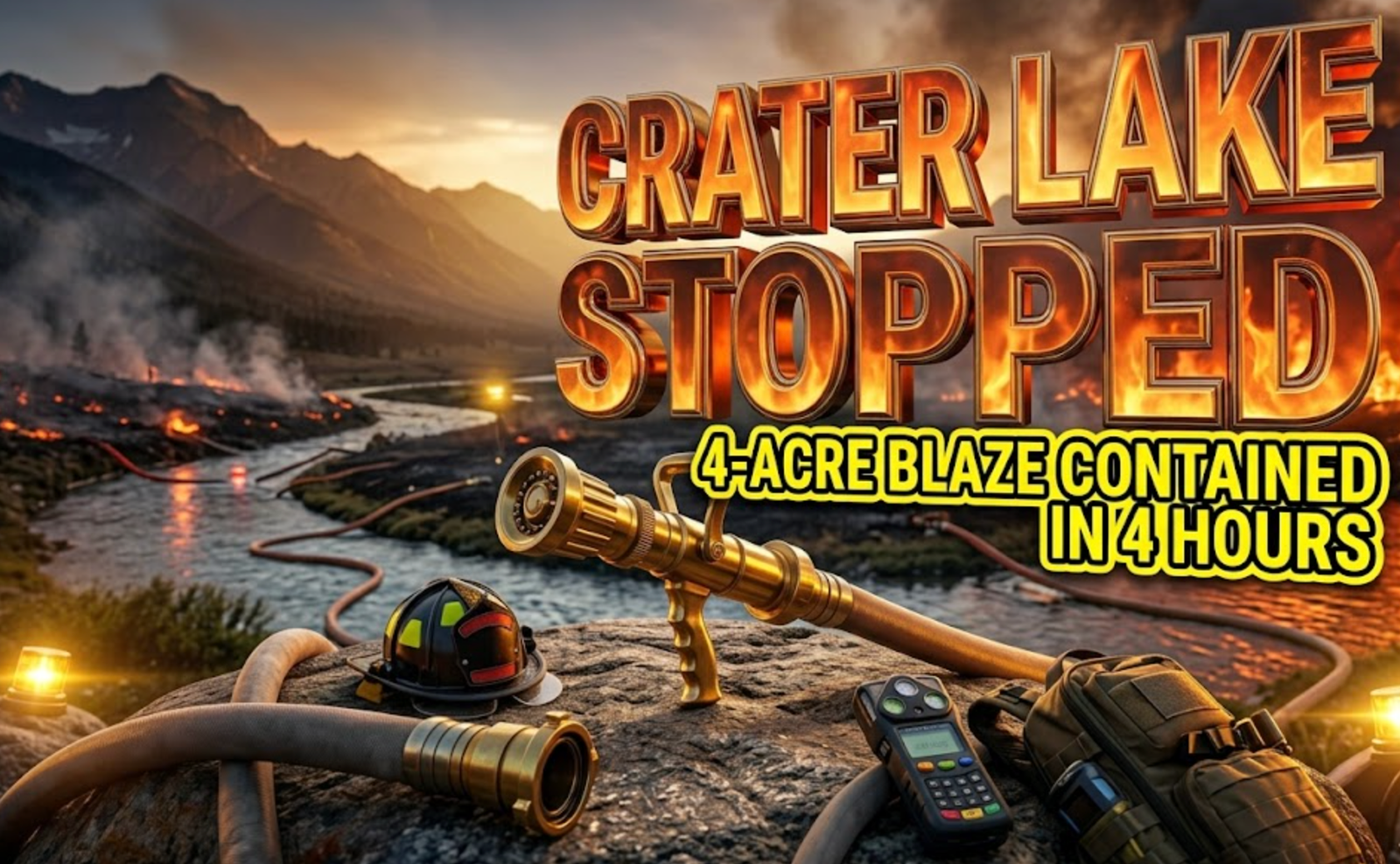 A viral, hyper-realistic YouTube thumbnail with a dramatic emergency response atmosphere. The background shows an intense fire scene transitioning to controlled containment with orange and red flames against dark smoke, bathed in golden emergency lighting and strategic spotlights. The composition uses a wide-angle low shot to emphasize the scale of the wildfire operation. The image features firefighting equipment including water hoses and tactical gear as the faceless hero object. The frame shows massive 3D typography with strict hierarchy: The Primary Text reads exactly: "CRATER LAKE FIRE STOPPED". This text is massive, the largest element in the frame, rendered in fiery orange and gold Chrome material with realistic 3D depth and metallic sheen to look like high-budget emergency alert graphics. The Secondary Text reads exactly: "4-ACRE BLAZE CONTAINED IN 4 HOURS". This text is significantly smaller, positioned below the main text, featuring a thick bright yellow border with sticker-style outline to contrast sharply against the smoky background. The materials emphasize urgency and emergency response. There is absolutely NO other text, numbers, watermarks, or subtitles in this image other than these two specific lines. 8k, Unreal Engine 5, cinematic emergency broadcast render.
