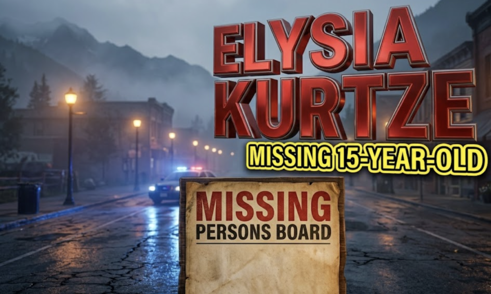 A viral, hyper-realistic alert poster with an urgent, serious atmosphere. The background is a misty Colorado mountain town street at dusk with amber streetlights fading into darkness, featuring subtle blue emergency lights reflecting on pavement. The composition uses a centered, symmetrical close-up angle to focus on the main subject: a missing persons poster board with weathered texture and urgent visual hierarchy. Image size should be 3:2. The image features massive 3D typography with strict hierarchy: The Primary Text reads exactly: 'ELYSIA KURTZE'. This text is massive, the largest element in the frame, rendered in bold red chrome with metallic reflective surfaces to create a high-budget emergency alert aesthetic. The Secondary Text reads exactly: 'MISSING 15-YEAR-OLD'. This text is significantly smaller, positioned directly below the main text. It features a thick yellow and black striped border outline (caution tape style) to contrast sharply against the background and create urgency. The text materials correspond to emergency alert concepts. Crucial Instruction: There is absolutely NO other text, numbers, watermarks, or subtitles in this image other than these two specific lines. 8k, Unreal Engine 5, cinematic render.