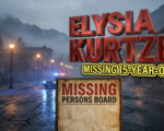 A viral, hyper-realistic alert poster with an urgent, serious atmosphere. The background is a misty Colorado mountain town street at dusk with amber streetlights fading into darkness, featuring subtle blue emergency lights reflecting on pavement. The composition uses a centered, symmetrical close-up angle to focus on the main subject: a missing persons poster board with weathered texture and urgent visual hierarchy. Image size should be 3:2. The image features massive 3D typography with strict hierarchy: The Primary Text reads exactly: 'ELYSIA KURTZE'. This text is massive, the largest element in the frame, rendered in bold red chrome with metallic reflective surfaces to create a high-budget emergency alert aesthetic. The Secondary Text reads exactly: 'MISSING 15-YEAR-OLD'. This text is significantly smaller, positioned directly below the main text. It features a thick yellow and black striped border outline (caution tape style) to contrast sharply against the background and create urgency. The text materials correspond to emergency alert concepts. Crucial Instruction: There is absolutely NO other text, numbers, watermarks, or subtitles in this image other than these two specific lines. 8k, Unreal Engine 5, cinematic render.
