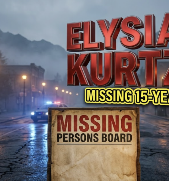 A viral, hyper-realistic alert poster with an urgent, serious atmosphere. The background is a misty Colorado mountain town street at dusk with amber streetlights fading into darkness, featuring subtle blue emergency lights reflecting on pavement. The composition uses a centered, symmetrical close-up angle to focus on the main subject: a missing persons poster board with weathered texture and urgent visual hierarchy. Image size should be 3:2. The image features massive 3D typography with strict hierarchy: The Primary Text reads exactly: 'ELYSIA KURTZE'. This text is massive, the largest element in the frame, rendered in bold red chrome with metallic reflective surfaces to create a high-budget emergency alert aesthetic. The Secondary Text reads exactly: 'MISSING 15-YEAR-OLD'. This text is significantly smaller, positioned directly below the main text. It features a thick yellow and black striped border outline (caution tape style) to contrast sharply against the background and create urgency. The text materials correspond to emergency alert concepts. Crucial Instruction: There is absolutely NO other text, numbers, watermarks, or subtitles in this image other than these two specific lines. 8k, Unreal Engine 5, cinematic render.