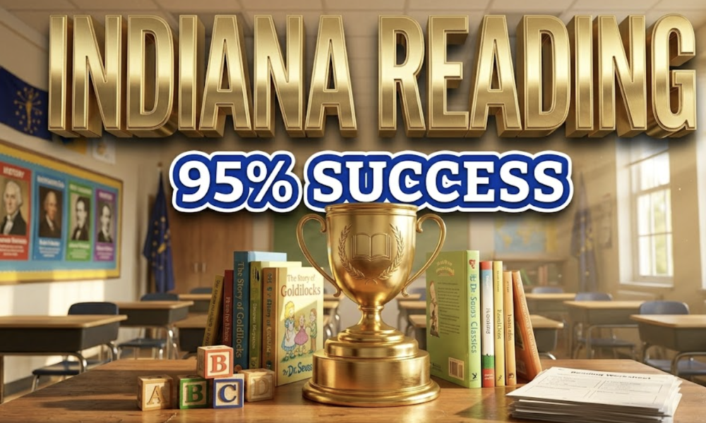 A viral, hyper-realistic YouTube thumbnail with an Academic Achievement atmosphere. The background is a bright Indiana classroom with morning sunlight streaming through windows, featuring desks, educational posters, and subtle state flag colors of blue and gold with dramatic volumetric lighting. The composition uses a Low Angle shot to focus on the main subject: a large, gleaming golden trophy sitting on a wooden desk surrounded by colorful children's books standing upright, with ABC blocks and reading materials artfully arranged around it. Image size should be 3:2. The image features massive 3D typography with strict hierarchy: The Primary Text reads exactly: 'INDIANA READING'. This text is massive, the largest element in the frame, rendered in Polished Gold with embossed lettering and subtle shine to look like a high-budget 3D render. The Secondary Text reads exactly: '95% SUCCESS'. This text is significantly smaller, positioned below the main text. It features a thick, distinct royal blue border with white outline in sticker style to contrast against the background. Make sure text 2 is always different theme, style, effect and border compared to text 1. The text materials correspond to the academic excellence concept. Crucial Instruction: There is absolutely NO other text, numbers, watermarks, or subtitles in this image other than these two specific lines. 8k, Unreal Engine 5, cinematic render.