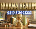 A viral, hyper-realistic YouTube thumbnail with an Academic Achievement atmosphere. The background is a bright Indiana classroom with morning sunlight streaming through windows, featuring desks, educational posters, and subtle state flag colors of blue and gold with dramatic volumetric lighting. The composition uses a Low Angle shot to focus on the main subject: a large, gleaming golden trophy sitting on a wooden desk surrounded by colorful children's books standing upright, with ABC blocks and reading materials artfully arranged around it. Image size should be 3:2. The image features massive 3D typography with strict hierarchy: The Primary Text reads exactly: 'INDIANA READING'. This text is massive, the largest element in the frame, rendered in Polished Gold with embossed lettering and subtle shine to look like a high-budget 3D render. The Secondary Text reads exactly: '95% SUCCESS'. This text is significantly smaller, positioned below the main text. It features a thick, distinct royal blue border with white outline in sticker style to contrast against the background. Make sure text 2 is always different theme, style, effect and border compared to text 1. The text materials correspond to the academic excellence concept. Crucial Instruction: There is absolutely NO other text, numbers, watermarks, or subtitles in this image other than these two specific lines. 8k, Unreal Engine 5, cinematic render.