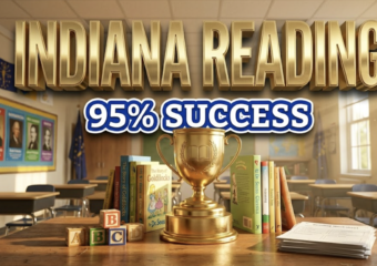 A viral, hyper-realistic YouTube thumbnail with an Academic Achievement atmosphere. The background is a bright Indiana classroom with morning sunlight streaming through windows, featuring desks, educational posters, and subtle state flag colors of blue and gold with dramatic volumetric lighting. The composition uses a Low Angle shot to focus on the main subject: a large, gleaming golden trophy sitting on a wooden desk surrounded by colorful children's books standing upright, with ABC blocks and reading materials artfully arranged around it. Image size should be 3:2. The image features massive 3D typography with strict hierarchy: The Primary Text reads exactly: 'INDIANA READING'. This text is massive, the largest element in the frame, rendered in Polished Gold with embossed lettering and subtle shine to look like a high-budget 3D render. The Secondary Text reads exactly: '95% SUCCESS'. This text is significantly smaller, positioned below the main text. It features a thick, distinct royal blue border with white outline in sticker style to contrast against the background. Make sure text 2 is always different theme, style, effect and border compared to text 1. The text materials correspond to the academic excellence concept. Crucial Instruction: There is absolutely NO other text, numbers, watermarks, or subtitles in this image other than these two specific lines. 8k, Unreal Engine 5, cinematic render.
